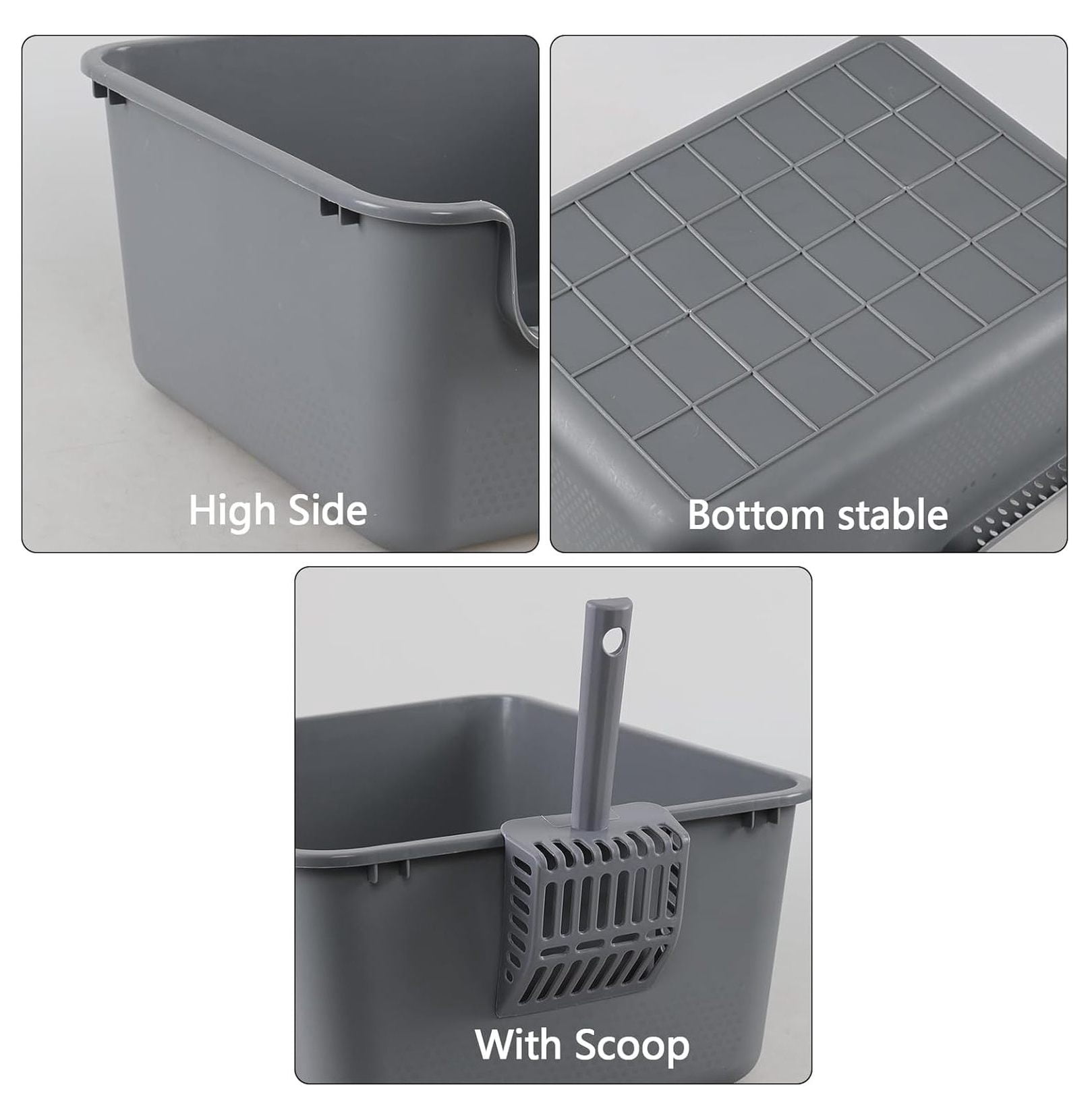Cat Litter Boxes 4-Pack, Large High-Sided Litter Pan, Grey - Open Top Cat Toilet Tray, Easy Entry for Older Cats, Durable Plastic, 19.6 x 15.2 x 8.7 Inch