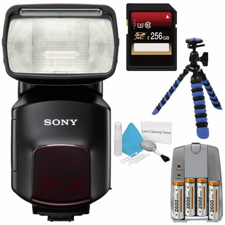 - Sony HVL-F60M External Flash + 256GB SDXC Card + 4 AA Pack NiMH Rechargeable Batteries and Charger + Flexible Tripod with Gripping Rubber Legs + Deluxe Cleaning Kit Bundle