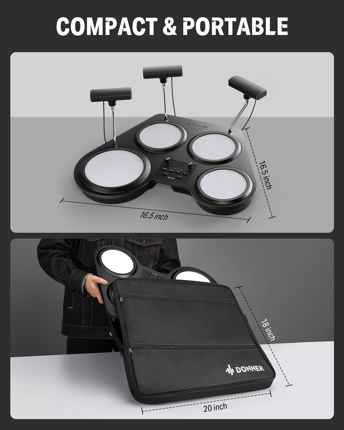 Donner Electronic Drum Set, Electric Table Drum Set for Beginner, Digital Drum Kit for Practice, 180 Sounds, with Sticks, 2 Switch Pedal, Bag
