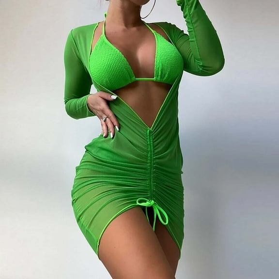 Oalirro Gift for Her Tankini Swimsuits for Women Women's Solid Bikini Strap Bikini Deep V Split Swimsuit Set Three-piece Swimming Suit Green