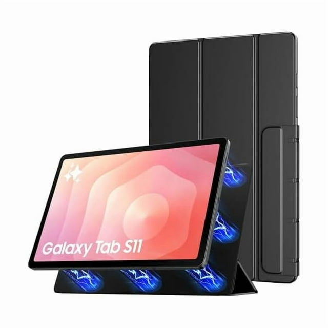 wonim11 timovo magnetic case for samsung galaxy tab s11 11 inch 2025 sm-x730/x736b, slim smart lightweight stand cover, support auto wake/sleep, black funda magnética para Samsung Galaxy Tab S11 11"; vista 3/4 frontal con tablet en modo soporte triangular, cubierta plegable de tres paneles, acabado negro mate, ranura lateral para lápiz y cierre magnético, compatible con auto wake/sleep; también se usa a menudo como soporte de viaje para visualizar contenido.