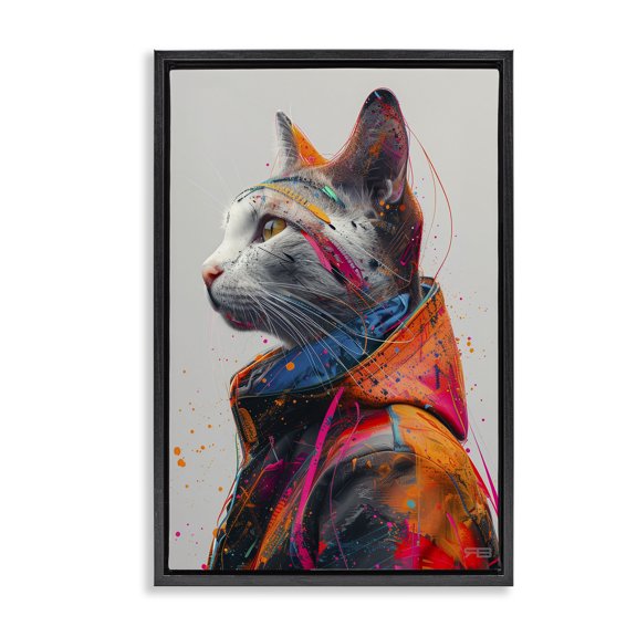 Stupell Industries Modern Paint Splatter Cat Black Floating Frame Canvas Art, 17 x 25, by RB