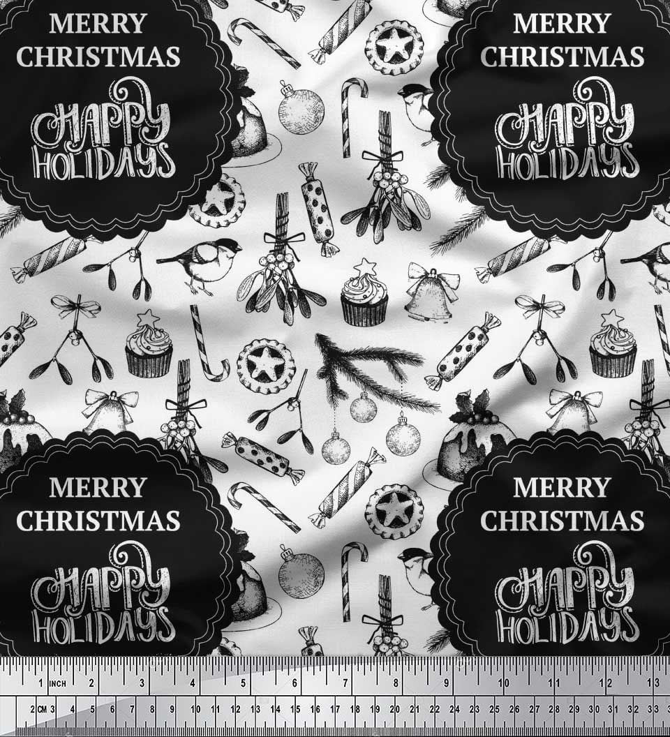 Soimoi Black Rayon Fabric Candies,Bell & Baubles Christmas Print Sewing Fabric Yard 42 Inch Wide
