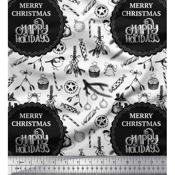 Soimoi Black Cotton Voile Fabric Candies,Bell & Baubles Christmas Printed Craft Fabric by the Yard 42 Inch Wide