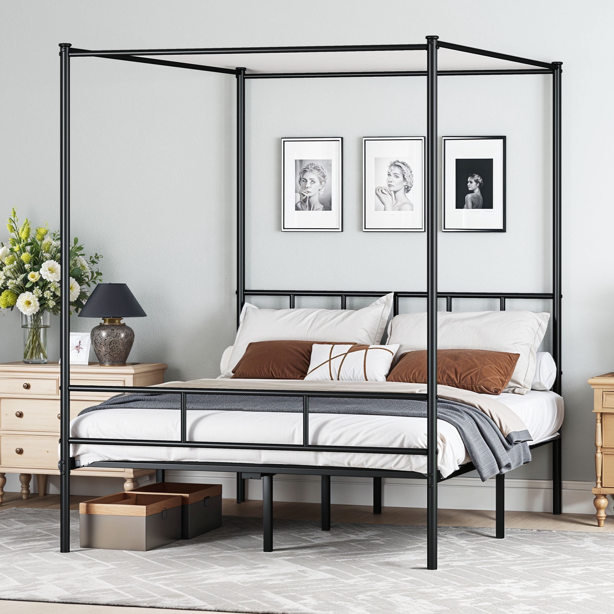 Uforic 4-Poster Queen Metal Canopy Bed Frame,Requires No Box Spring (Black)