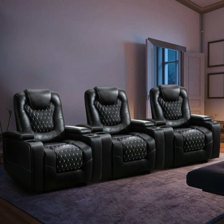Bonzy Home Overstuffed Electric Home Theater Seating PU Leather Reclining Furniture with with USB Ports and Cup Holders and Hidden Arm Storage Black