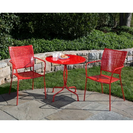 Wrought Iron Table And Chair Set Alfresco Home Martini 3 Piece Bistro Set in Cherry Pie Finish with 27.5