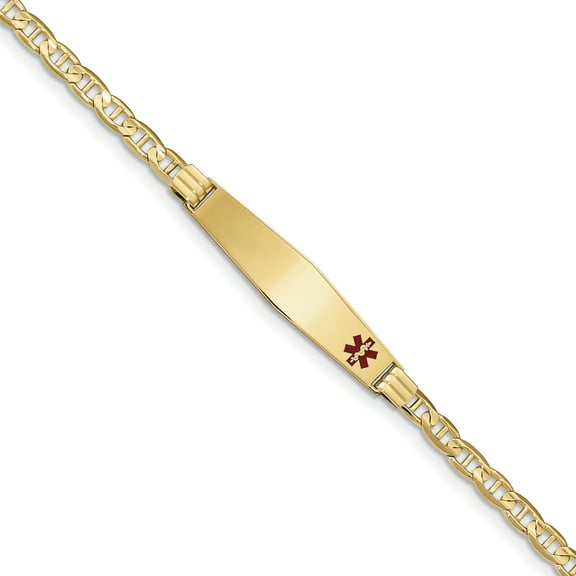 14K Yellow Gold Medical Soft Diamond Shape Red Enamel Anchor Link ID Bracelet