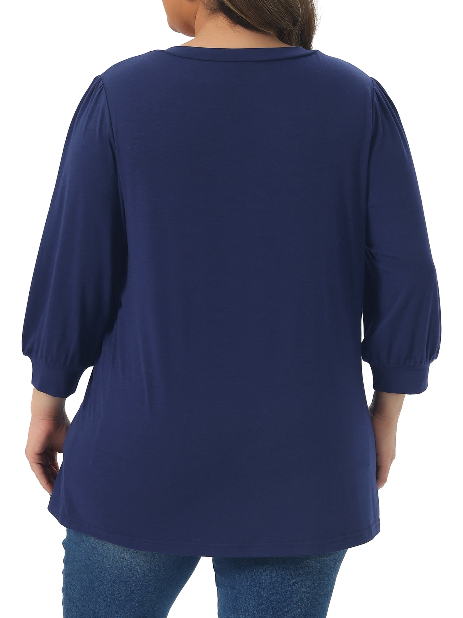 DARING DIVA Women's Plus Top 3/4 Sleeve V Neck Button Decor Casual Shirts 1X Navy Blue