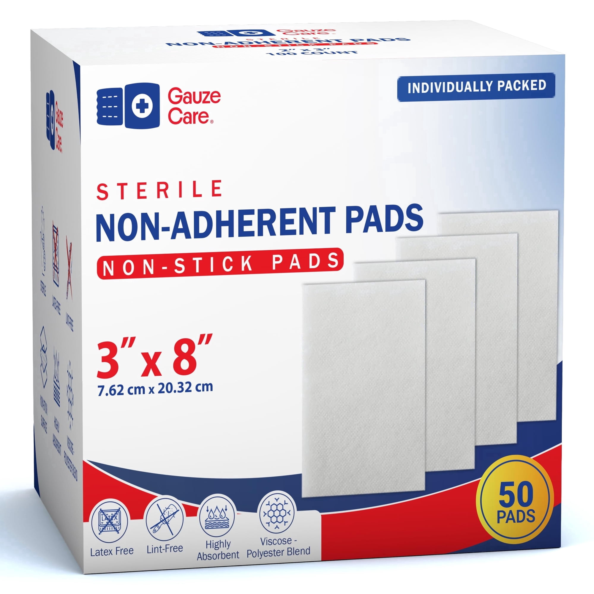 Gauze Care 3x8 Inch - Pack 50 Non-Stick Gauze Pads for Wounds, Non-Adherent, Highly Absorbent, Painless Removal, Individually Wrapped for Extra Protection (FSA/HSA Eligible)