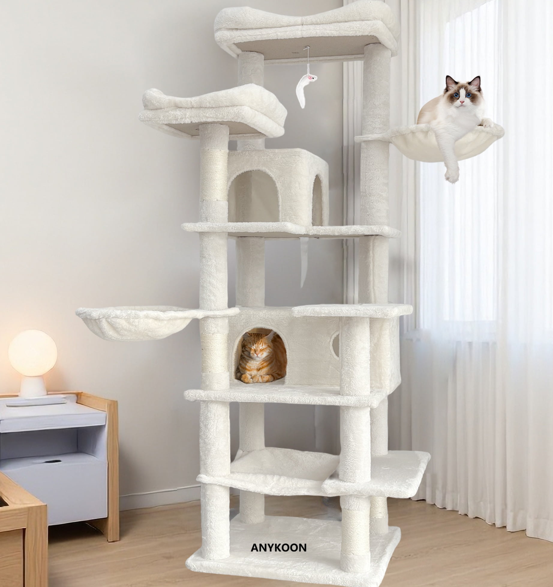ANYKOON 68in Tall 6-Level Green Cat Tree with Hammocks, Hanging Basket, Cat Cave, Removeable Cushion, Scratching Posts - Plush Cat Tower for Indoor Cats, Perfect for Multiple Cats, Beige