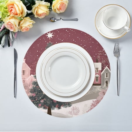 15.4 Round Placemat Set of 4 Polyester Fabric Place Mats Non-Slip Dining Kitchen Table Mats for Kitchen Party Decor Pink Christmas Trees and Houses