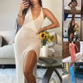 thumbnail image 3 of Women Crochet Hollow Plunge Backless Bandage Sleeveless Split Long Dress, 3 of 8