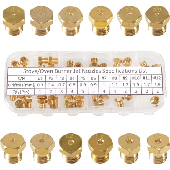 36 Pcs M6x0.75 mm Brass Burner Nozzle Kit, Gas Range Stove Oven Orifice Conversion Jet Spray Tip Replacement Parts, 0.3-1.7mm Assorted Gas Jet Nozzles