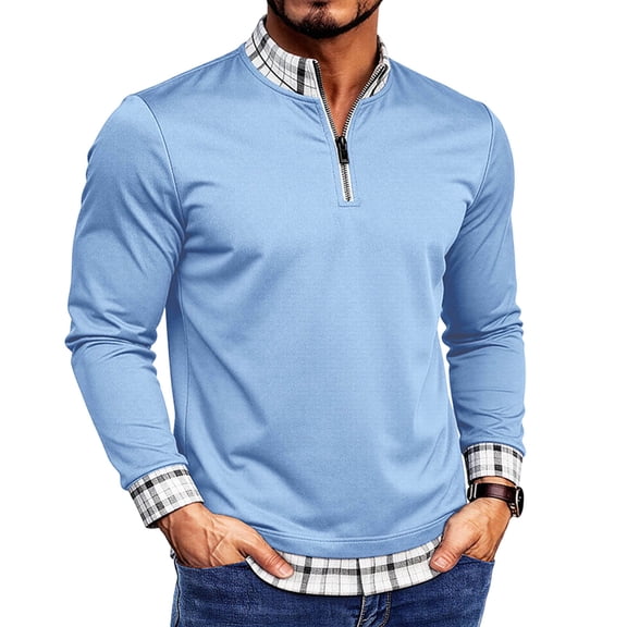 LEKWK Mens Quarter Zip Pullover Shirt Long Sleeve Mock Neck Plaid Summer Tees Trim Lightweight Casual Golf Work Layering Tops Shirts Blue L