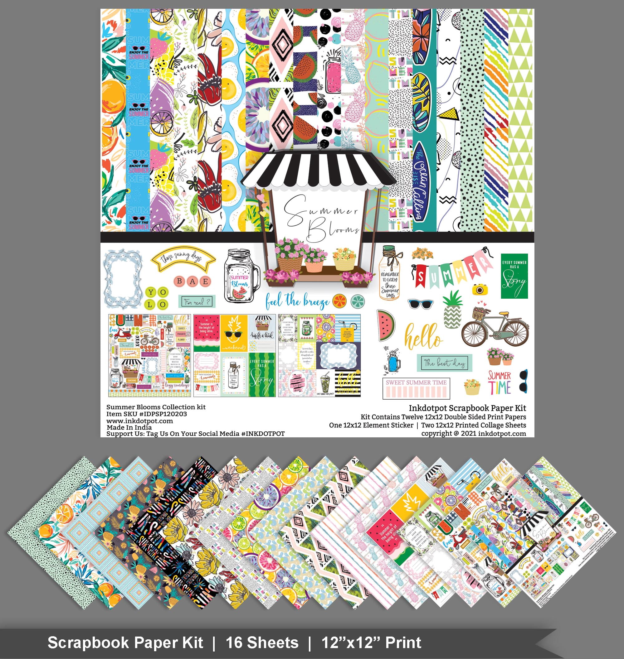 Inkdotpot Summer Theme Collection Double-Sided Scrapbook Paper Kit Cardstock 12"x12" Card Making Paper Pack With Sticker Sheet - 16 Pages - Multicolor
