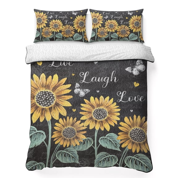 Twin XL Quilt Set 68''x98'', Summer Sunflowers Lightweight Bedspread Coverlet Set with 2 Pillow Shams, Farmhouse Cartoon Botanical Flowers Breathable All Season Quilt Bedding for Dorm/Guest Room