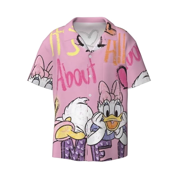 Daisy Duck Men's Cuban Shirts Casual Button Down Short Sleeve Dress Shirt Summer Beach Hawaiian Shirts Small