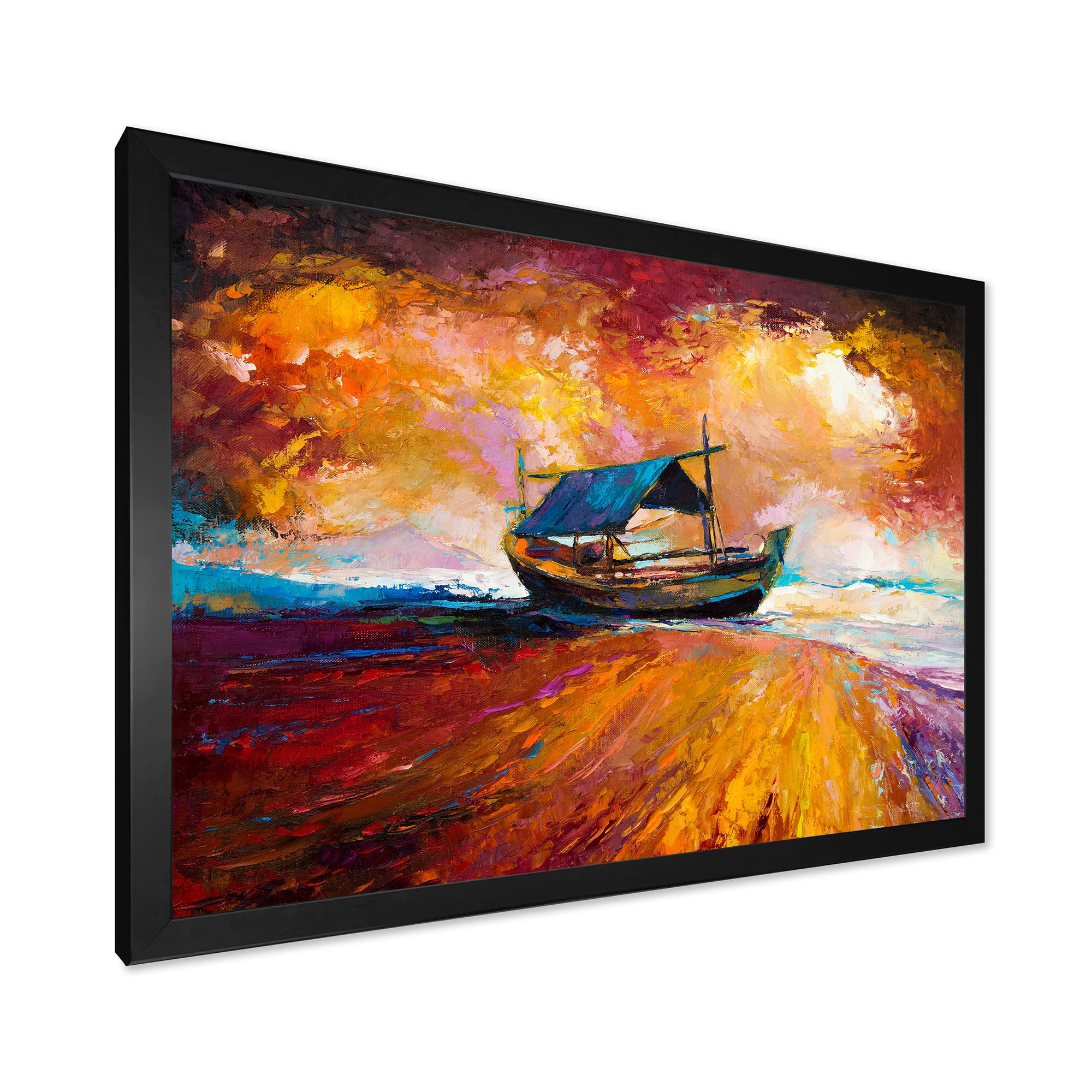Traditional Fisher boat During Ocean Evening Glow 32 in x 24 in Framed Painting Canvas Art Print, by Designart