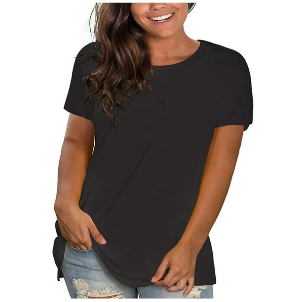 Blusas Umfun para mujer, cuello redondo liso, manga corta, blusa informal versátil, color negro, talla 2XL