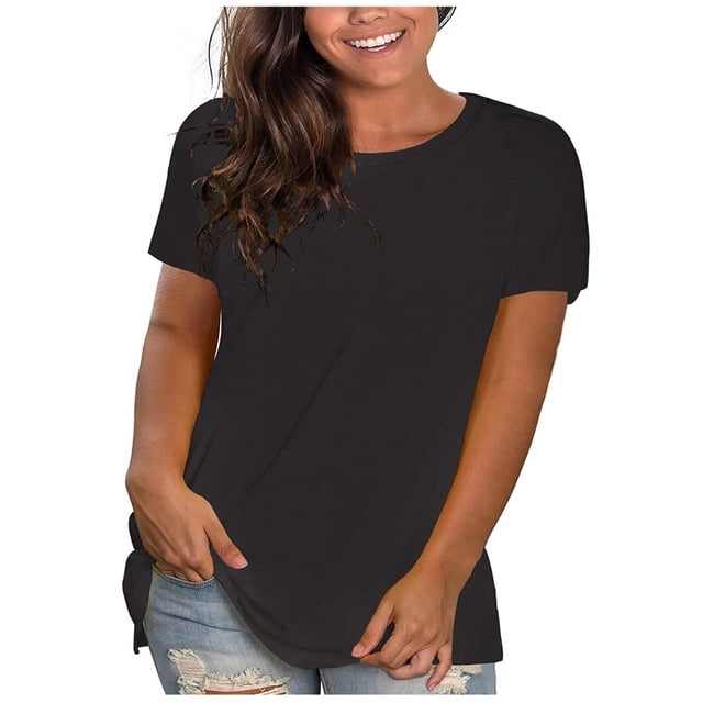 Blusas Umfun para mujer, cuello redondo liso, manga corta, blusa informal versátil, color negro, talla 2XL