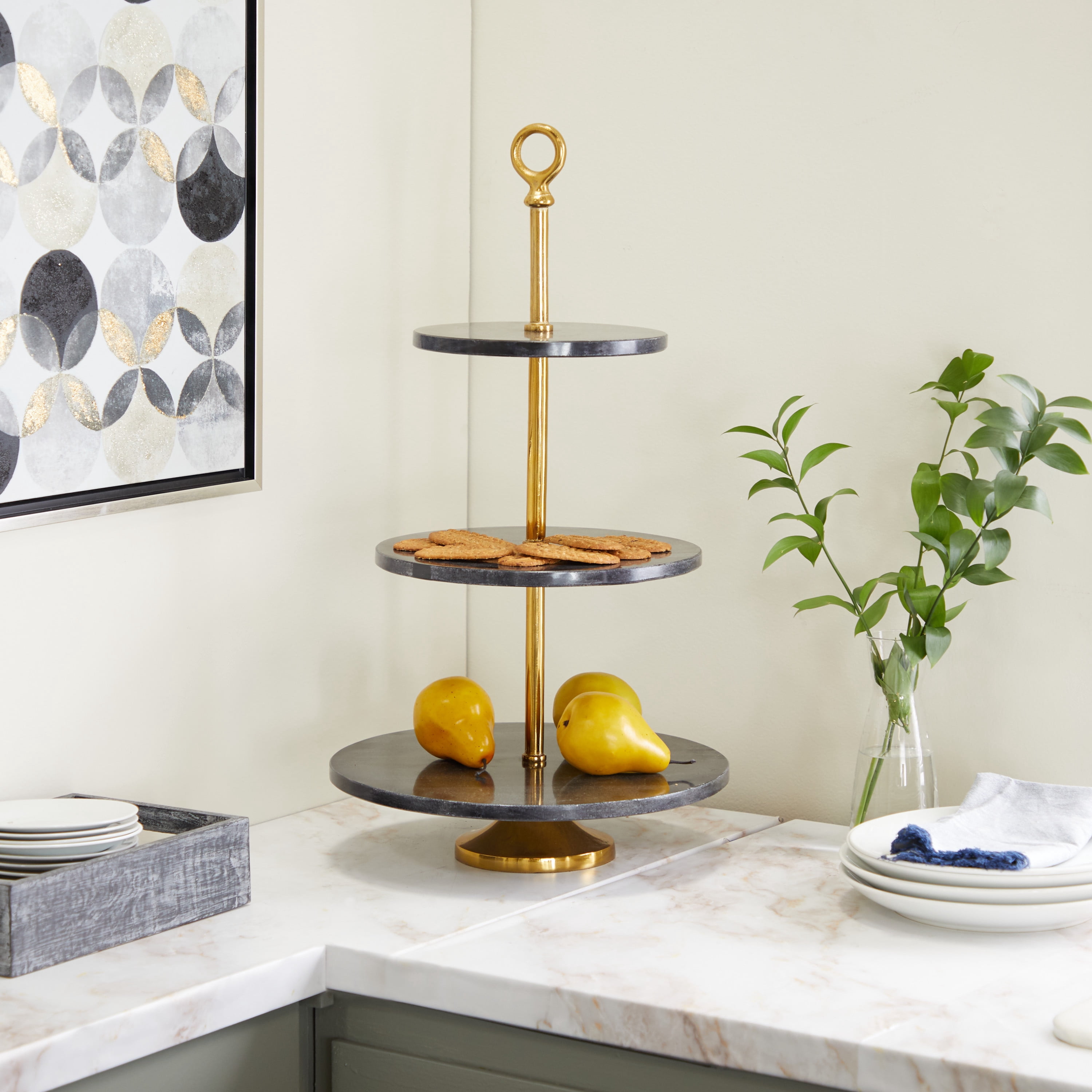DecMode 14" x 27" Gray Marble 3 Tiered Server with Gold Post, 1-Piece