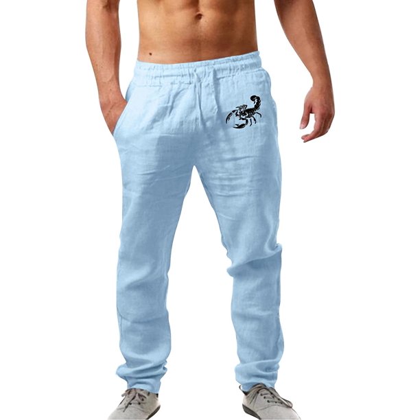 Pantalones casuales de lino para hombre, color liso, estampado de árbol, ligeros, sueltos, elásticos, con cordón, para verano, playa, yoga 080-azul claro 3XL 080-azul claro 3XL Xishao ropa