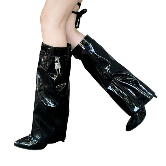 Slouchy Knee High Fold over Boots for Women 2025 Lock Leather Pointed Toe Stiletto Wide Calf Tall Boots