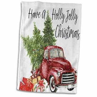 Red Christmas Trucks on Red Kitchen Dish Towel, Fabric Trimmed Hand Towel,  Tea Towel, Red Black Xmas Towel 