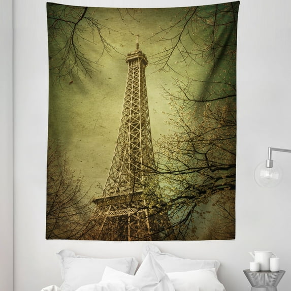 Eiffel Tower Tapestry, Fall Season of Falling Leaves from Tree Branches Theme Paris City Picture, Fabric Wall Hanging Decor for Bedroom Living Room Dorm, 5 Sizes, Sepia and Green, by Ambesonne