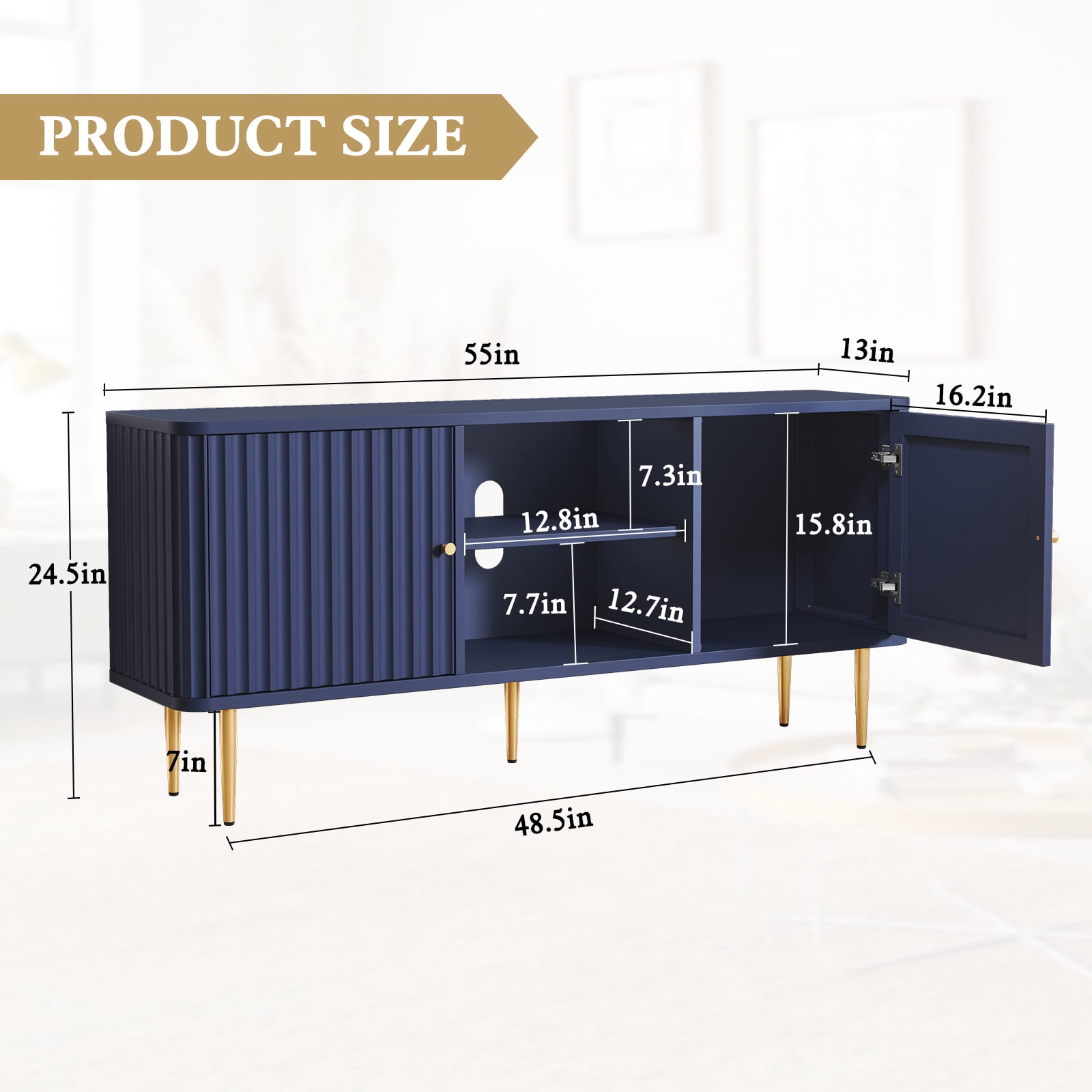 HLR Modern Fluted 55" TV Stand for 65 Inch TV, Entertainment Center with Storage, TV Console for Living Room, Blue