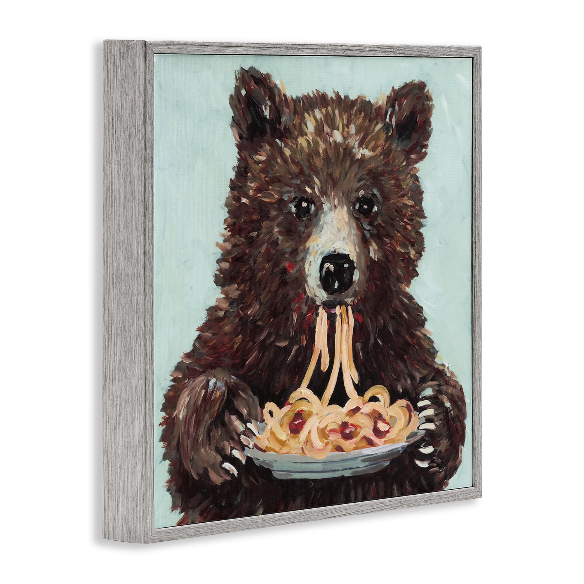 Whimsical Bear & Spaghetti Gray Framed Giclee Art, design by Studio Bautista