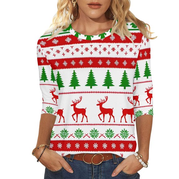 Women's Elegant Christmas Deer Print Blouse Three Quarter Sleeve Round Neck Classic Top Tees Shirts for Family Gathering My Items