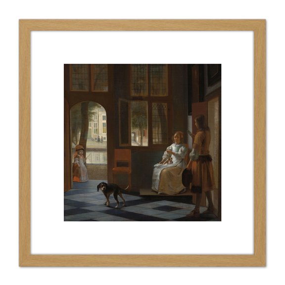 Pieter De Hooch Man Handing A Letter To A Woman 8X8 Inch Square Wooden Framed Wall Art Print Picture with Mount