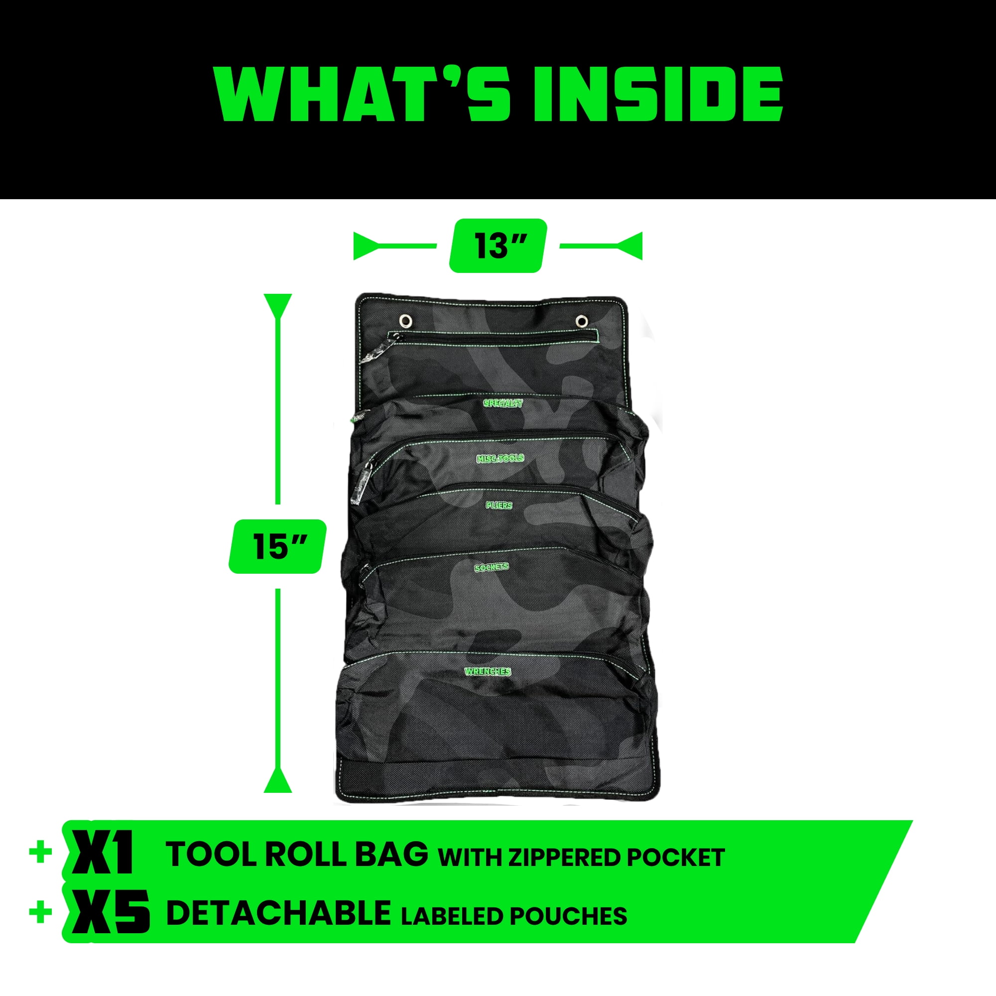 Rhino USA Tool Bag Roll - Heavy Duty Canvas Organizer Pouch for Tools - w/ Labeled & Removable Pouch