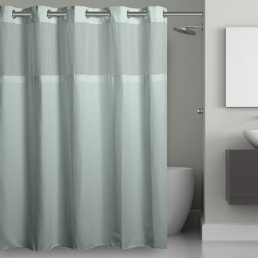Hookless Waffle Shower Curtain, 3-in-1 Shower Curtain with Sheer Top Window, Flex-on Rings & Fabric Liner, 71 In Wide x 74 In Long, Misty Blue