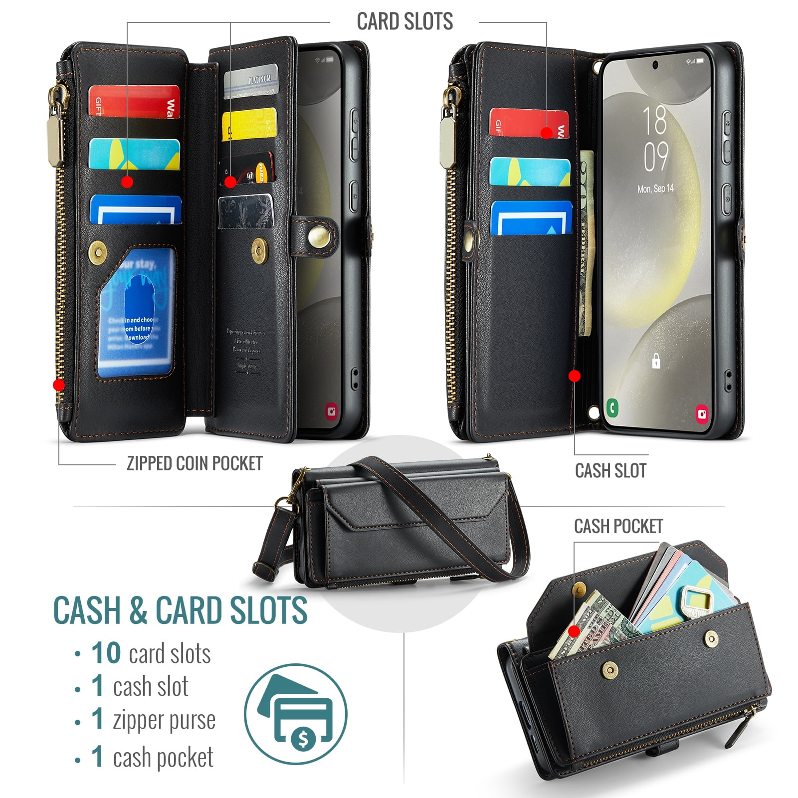 Compatible with Samsung Galaxy S24 Plus S24+ 5G Zipper Wallet Phone Case Tempered Glass Screen Protector Crossbody Lanyard Strap Flip Card Holder Slot Cell Cover for S24Plus 24S + S 24 Women Black