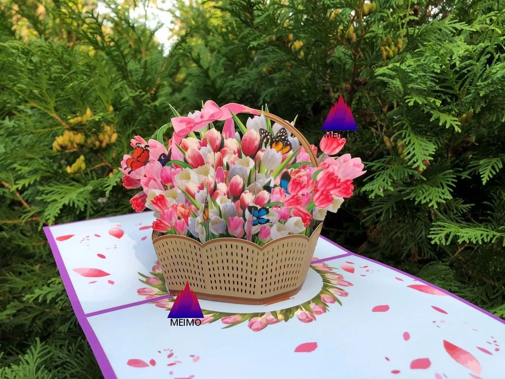 PURELY- 3D Pop Up Greeting Card Flowers Floral Tulips Nature Garden Plants Birthday Mom
