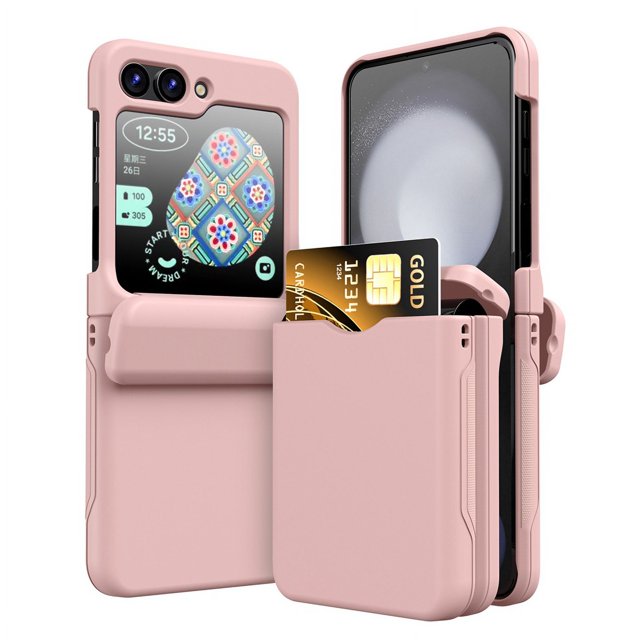 Luxury Solid Color Wallet Card Slot Case for Samsung Galaxy Z Flip 3 4 5 6 Slim Matte PC Hinge Protection ZFlip6 ZFlip5 Cover Pink For Samsung Z Flip 5