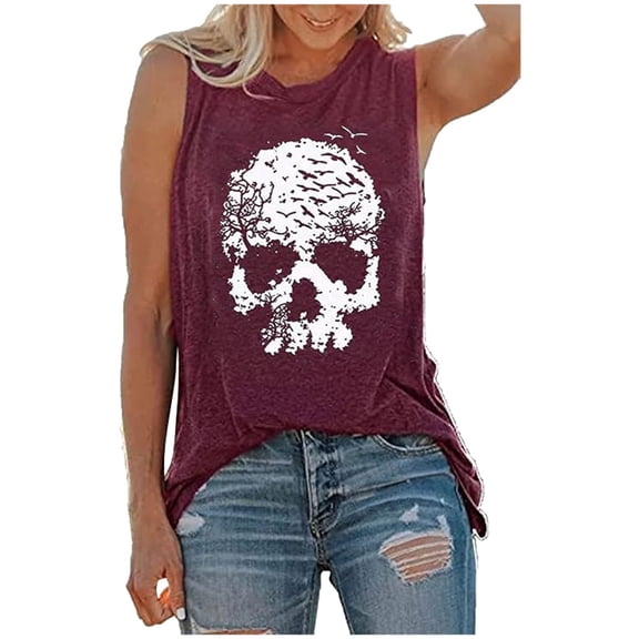 VNKIDY Womens Sleeveless Graphic Tank Top With Skull Print V Neck Casual Loose Fit Breathable Top For Summer Casual Daily Wear Brick Red S