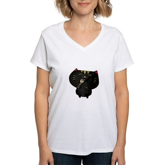 CafePress - Black Sushi Cat T Shirt - Womens Cotton V-Neck T-shirt