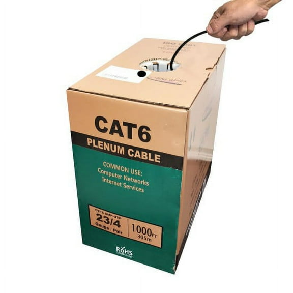 550MHZ CAT6 BLUE PLENUM CABLE 1000ft Bulk, [Fluke Passed] 23AWG 4Pair, Solid Network Cable Unshielded Twisted Pair (UTP), Black