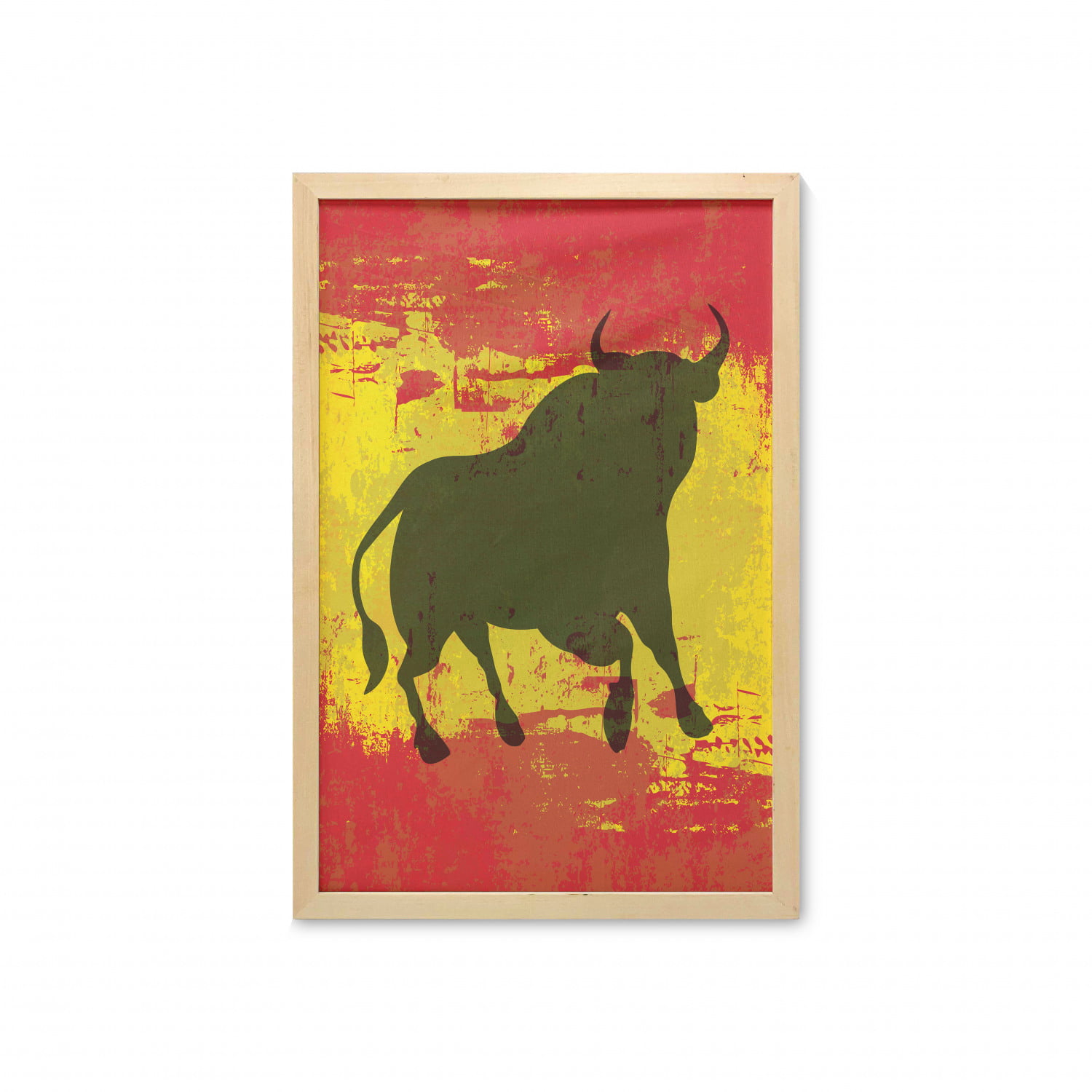 Spanish Wall Art with Frame, Bull Silhouette on Spanish Flag Grunge  National Elements Paint Stains, Printed Fabric Poster for Bathroom Living  Room, 23