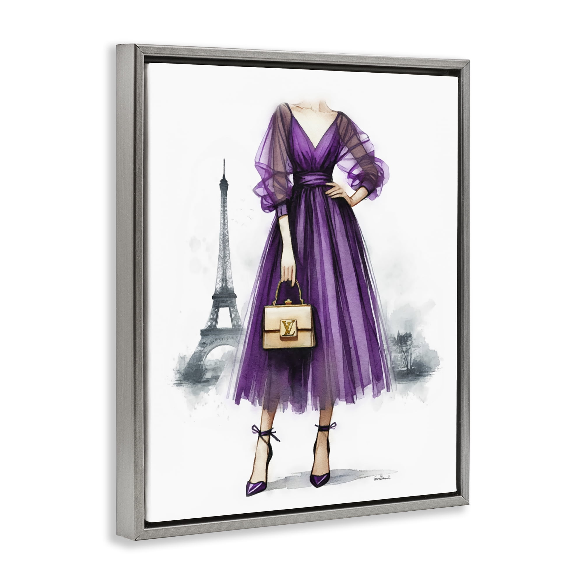 Stupell Industries Parisian Purple Dress Fashion Painting Gray Floater Framed Canvas Art Print Wall Art, 17 x 21