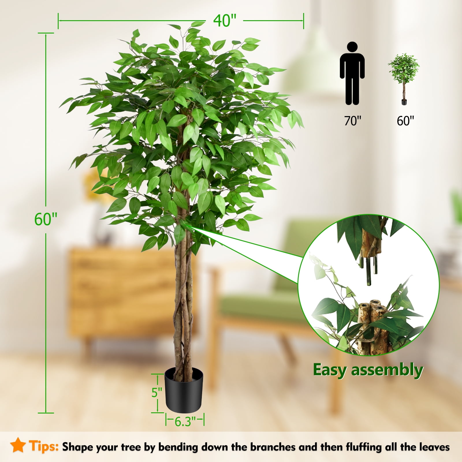 5FT Artificial Ficus Tree – Realistic Faux Ficus Tree & Large Fake Ficus Tree, Silk Artificial Plant for Home Office, Lifelike Fake Plant & Faux Plant for Indoor Outdoor Porch Garden Decor (150cm)