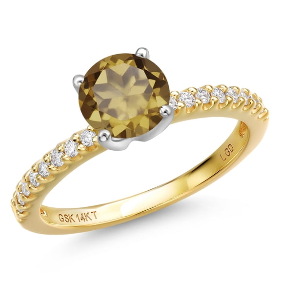 Gem Stone King 14K Two Tone Gold Whiskey Quartz and Lab Grown Diamond Engagement Ring for Women | 1.41 Cttw | Round 7MM | Gemstone Birthstone | Size 7