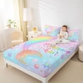 thumbnail image 3 of jejeloiu Rainbow Mermaid Tail Bed Sheets For Girls,Sparkling Print Shell Starfish Full Size Sheets,Pink Blue,4 Pieces,1 Flat Sheet, 1 Fitted Sheet and 2 Pillowcases, 3 of 6