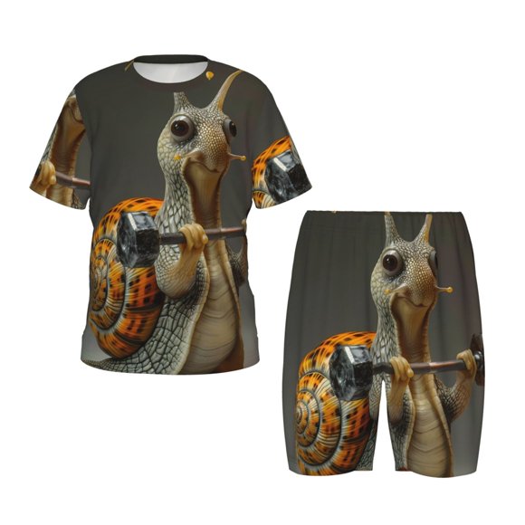 Easygdp Surreal Weightlifting Snail for Short-Sleeve Tee and Sleep Short Pajama Set for Kids, 2-piece-Small