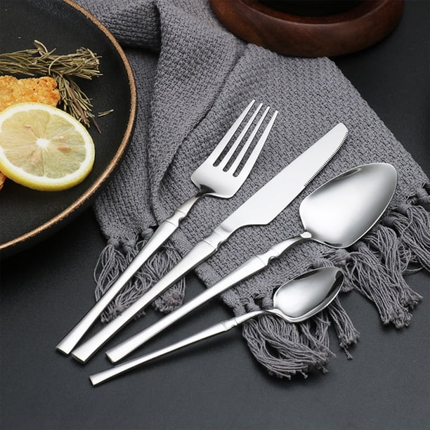 Juego de vajilla de acero inoxidable | Cubiertos de acero inoxidable 410 con tenedor, cuchillo y dos cucharas | Cuchillo y tenedor plateados de estilo pequeño para carne