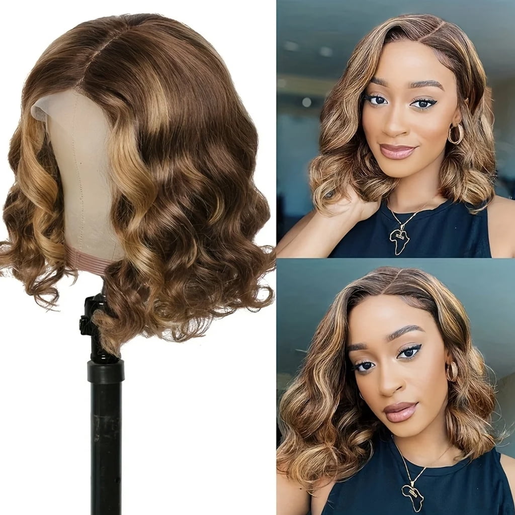 SUCS Short Bob Body Wave Lace Front Wigs Human Hair For Women Highlight Ombre Blonde Brown 13x6x1 T Part Hd Transparency Lace